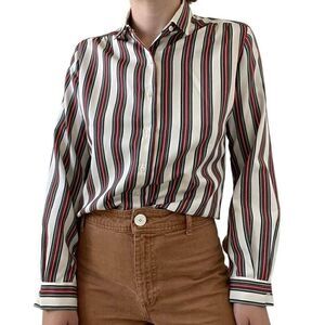 Vintage 1970s Womens Striped Collared Preppy Long Sleeve Retro Blouse Sz M